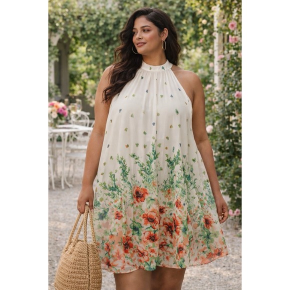 Dresses & Skirts - Floral Chiffon Dress Small White Tunic Sheer Fairv Halter Coquette Y2K Cottage